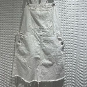 Bershka Distressed White Denim Overall Dress